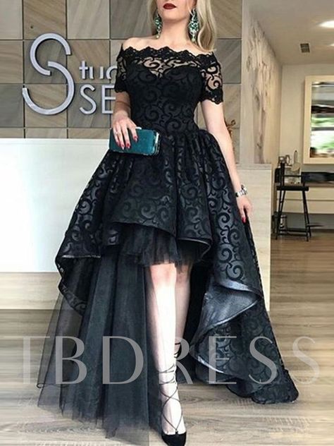 A-Line Lace Off-the-Shoulder Sweep Train Evening Dress - Tbdress.com Fancy Prom Dresses, Black Lace Evening Dress, Long Party Gowns, Black Lace Prom Dress, High Low Prom Dresses, Prom Dress Ideas, Evening Party Dresses, Evening Dresses With Sleeves, Prom Dresses Modest