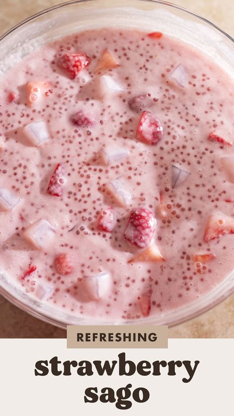 Cold Strawberry Dessert, Strawberry Sago Recipe, Strawberry Sago Dessert, Coconut Milk Dessert Recipes, Aesthetic Cookbook, Korean Drinks Recipe, Strawberry Sago, Coconut Milk Tapioca, Sago Pudding Recipe