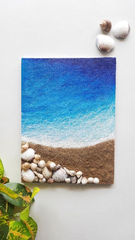 Seashell On Canvas Art, Diy Beach Wall Art, Painting With Seashells, Beach Painting Ideas, Beachy Paintings, Seashell Art Diy, Beachy Art, Beach Paintings, Beach Art Painting