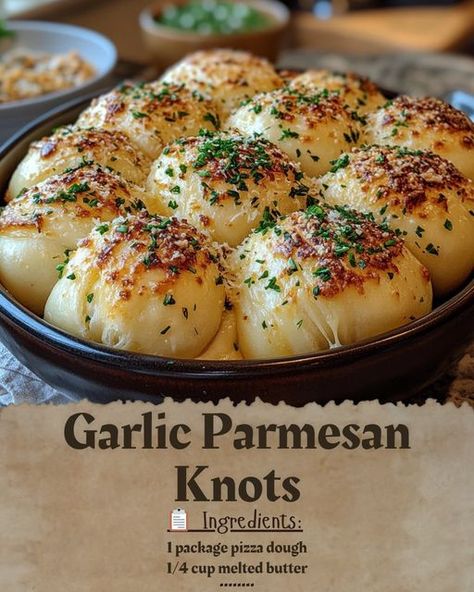 **Garlic Parmesan Knots 🧄🧀** **Ingredients:** - 1 package pizza dough - 1/4 cup melted butter - 1/4 cup grated Parmesan cheese - 2 cloves garlic, minced - 1 tablespoon chopped parsley **Instructions:** 1. **Preheat the Oven**: Set your oven to 400°F (200°C) and grease a baking sheet. 2. **Prepare the Dough**: Roll out the pizza dough and cut it into strips. Twist each strip into a knot and arrange them on the prepared baking sheet. 3. **Bake the Knots**: Bake for 10-12 minutes, or until ... Twisted Cheese Bread, Garlic Butter Knots, Garlic Knots Pizza Dough, Pizza Dough Garlic Knots, Garlic Knot Pizza, Parmesan Bread Bites, Parmesan Knots, Garlic Parmesan Knots, Perfect Pizza Crust