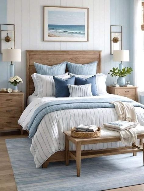 Modern Farmhouse Master Bed Blue, Bedroom Decor Blue And White, Tan And Blue Bedroom Ideas, Blue And White Bedroom Modern, White Bedroom Blue Accents, Blue And White Room Bedroom, Guest Bedroom Ideas Blue, Beach Style Bedroom Ideas, Bedroom Blue Ideas