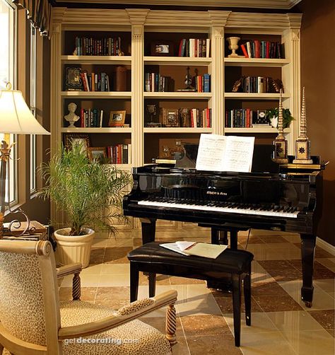 Music/Sitting Rooms @ http://www.getdecorating.com/music_rooms.cfm?profile=21364=1=1 Piano Room Design, Grand Piano Room, Piano Living Rooms, Home Library Rooms, Home Music Rooms, Piano Decor, Baby Grand Pianos, Library Room, House Updates