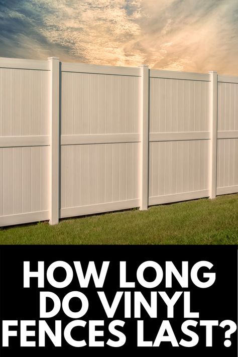 Whether you're thinking of installing a vinyl fence, or are wondering how much longer your fence has left before it needs to be replaced; here, we discuss how long vinyl fences last! Read more at OwnTheYard.com! Vinyl Privacy Fence Ideas Backyards, How To Install Vinyl Fencing, Vinyl Fencing Front Yard, Vinyl Fence Gates Ideas, Decorate Vinyl Fence, Painting Vinyl Fence, Backyard Vinyl Fence Ideas, Brown Vinyl Fence, Diy Vinyl Fence Installation