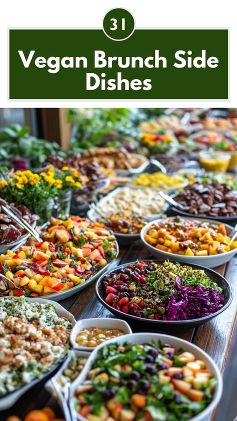 A variety of colorful vegan brunch side dishes including salads, baked goods, and fresh fruit, perfect for a plant-based meal. Breakfast Buffet Ideas Brunch Party Healthy, Easy Vegan Breakfast Ideas Healthy, Brunch Recipes Vegan, Vegan Options For Party, Easy Vegetarian Brunch Ideas, Plant Based Baking Recipes, Healthy Brunch Sides, Vegan Brunch Recipes For A Crowd, Vegan Brunch Food