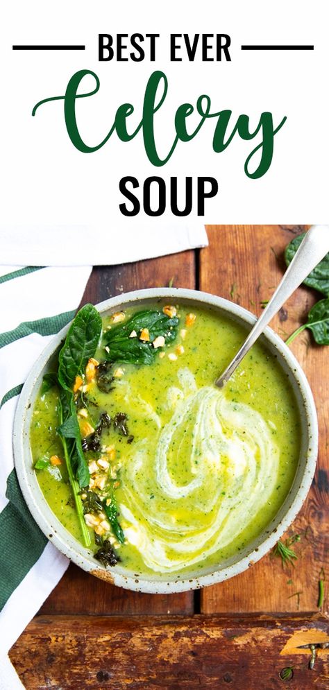 Creamy Celery Soup Recipe | Vegan - Just Easy Recipes Celery Cream Soup, Vegan Recipes With Celery, Vegan Cream Of Celery Soup, Celery Soup Instant Pot, Sauteed Celery Recipes, Creamy Celery Soup Recipes, Vegan Celery Soup, Chinese Celery Recipes, Celery Soup Recipes Healthy