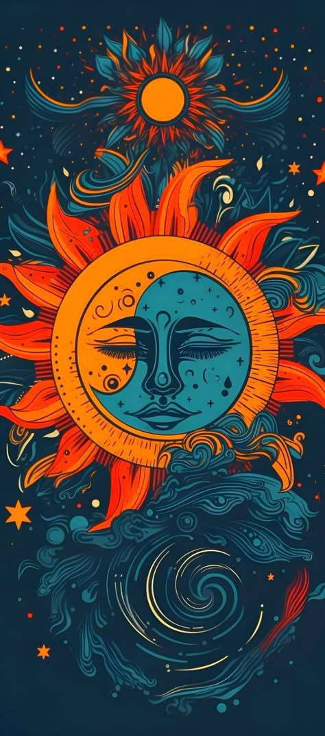 Sun And Moon Illustration Art, Artsy Wallpapers Iphone, Moon And Sun Illustration, Sun And Moon Drawings, Psychadelic Art, Moon Drawing, Beautiful Art Pictures, Pop Art Wallpaper, Celestial Art