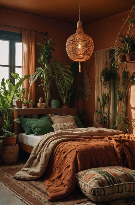 #maximalistdecor #interiordesign #homedecor #decorideas #transformyourspace #colorfulhome #bohemianstyle #eclecticdecor #designinspiration #boredpanda Terra Cotta Green Bedroom, Woodsy Aesthetic Room, Earth Tone Room Decor, Dark Green Earthy Bedroom, Green Plants Aesthetic Bedroom, Brown And Green Room Bedrooms, Earthy Vibes Bedroom, Earth Tone Minimalist Bedroom, Terracotta Color Bedroom