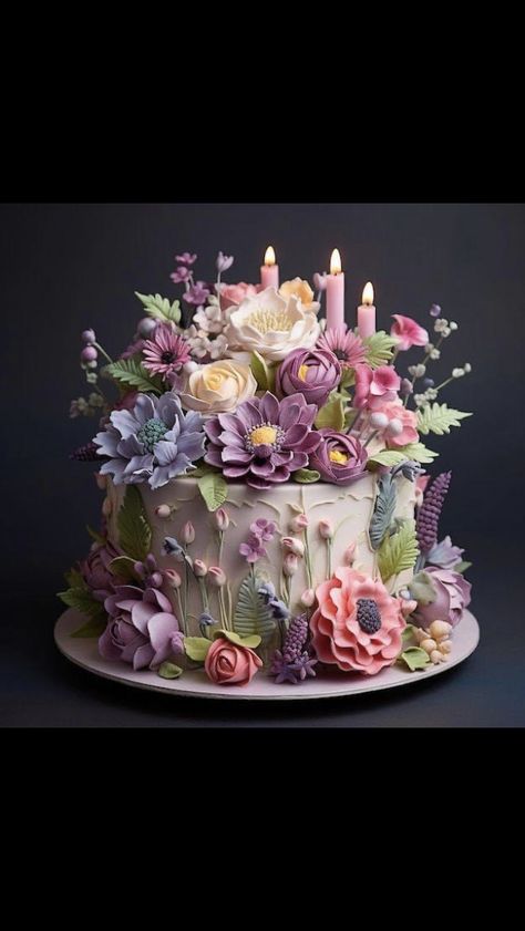 Flower Birthday Cake Kids, Vintage Tea Party Cake, Flower Cake Ideas Birthday, Womans Birthday Cake, Gorgeous Cakes Birthday, Flower Garden Cake Ideas, Artistic Cakes Design, Candle Cake Ideas, Gorgeous Birthday Cakes