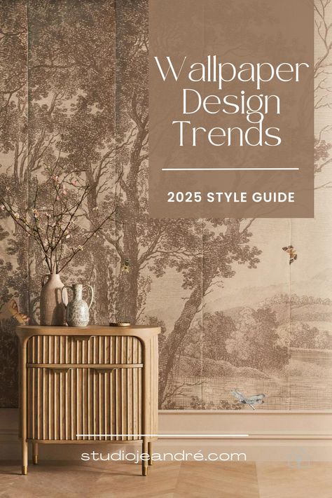 Discover the latest wallpaper trends for 2025 with our comprehensive guide featuring the most popular styles. Explore the earthy aesthetic and sophisticated designs, including contemporary and boho wallpaper options. Dive into an earthy colour palette or a striking teal colour palette, and find inspiration through various wallpaper samples. From modern wallpapers to patterned and accent wallpaper, elevate your space with trending designs that reflect your unique style. Unique Ways To Use Wallpaper, Wallpaper Panelling Ideas, Using Wallpaper As Art, Wallpaper Vestibule, 2025 Wallpaper Trends, Entry Wallpaper Ideas, Rooms With Wallpaper Accent Wall, Wallpapered Doors, Organic Modern Wallpaper