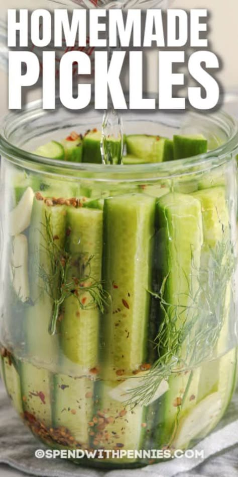 Refrigerator Pickles are an easy, healthy snack! Full of fresh dill and garlic, these pickles can be enjoyed all year long! #spendwithpennies #refrigeratorpickles #recipe #homemade #easy #dillpickles Pickled Okra Recipes, Refrigerator Pickles Dill, Homemade Pickles Dill, Dilly Beans, Bread And Butter Pickles, Dill Pickle Recipe, Dill Recipes, Best Pickles, Corn Relish