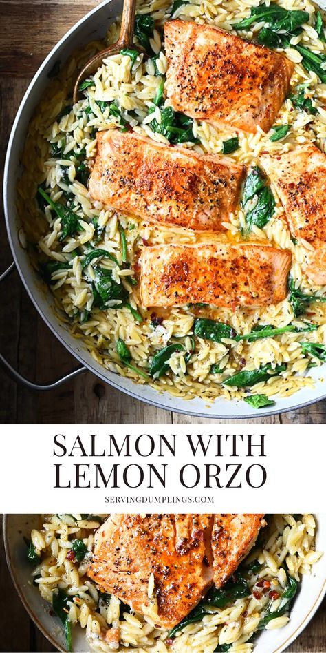 One Skillet Salmon with Lemon Orzo Mediterranean Recipes Healthy, Salmon With Lemon, Mediterranean Diet Recipes Dinners, Lemon Orzo, Plats Healthy, Fish Dinner Recipes, Easy Mediterranean Diet Recipes, One Skillet, Fish Dinner