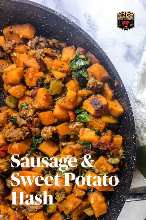 1 pan. 40 minutes. Endless flavor. Sausage & Sweet Potato Hash is your new favorite all in one meal. Ground Sausage Sweet Potato, Sweet Potato And Italian Sausage, Sweet Potato Sausage Hash, Ground Sausage And Sweet Potato Recipes, Ground Pork And Potatoes Recipes, Sausage And Sweet Potato Recipes, Sausage Sweet Potato Recipes, Friendsgiving Brunch, Dinner Staples