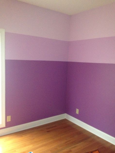 The girls' ombré purple bedroom I painted!  I used the lightest and darkest colors on a paint card. Then mixed both for the middle color.   Top half of room in lighter, bottom half in darker then painted middle section over both light and dark using trim tape. The girls love it!!! Bedroom Purple, Baby Room Colors, Purple Bedrooms, Kids Room Paint, Purple Bedroom, Purple Rooms, Room Color Schemes, Purple Walls, Trendy Bedroom