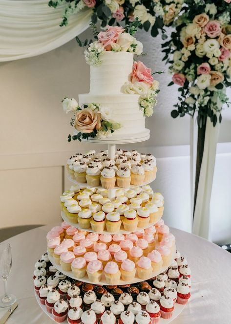 Giant Cupcake Wedding Cake, 3 Tier Wedding Cake With Cupcakes, Wedding Cakes Simple Elegant Classy Pretty Cupcakes, Cupcake Tower For Wedding, Wedding Cake With Desserts, Quince Cake With Cupcakes, Wedding Cake With Cupcake Tiers, Cupcake Cake Tower, Cupcake Arrangements Wedding