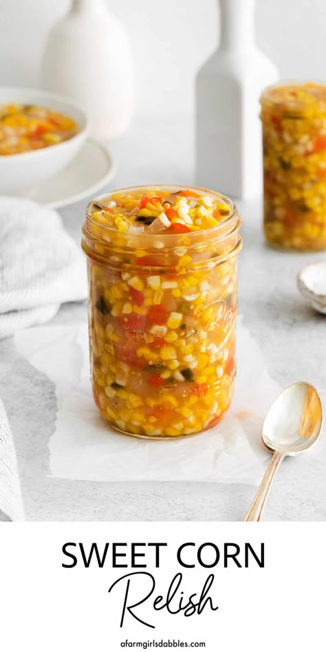 Made with fresh sweet corn, peppers, and onion this Zesty Sweet Corn Relish is just what you need to spice up dishes from tacos to burgers. Sweet Corn Relish, Homemade Relish, Homemade Sides, Corn Relish Recipes, Pickled Corn, Raspberry Freezer Jam, Easy Meal Prep Recipes, Relish Recipe, Corn Relish