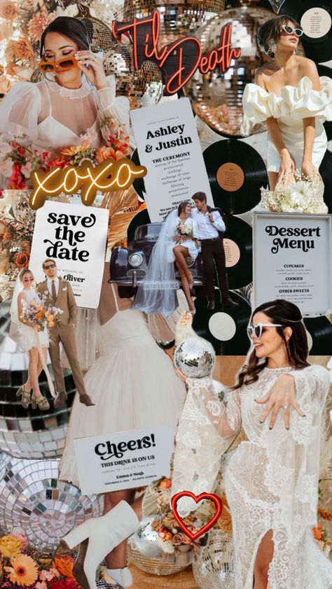 Retro wedding vibes with the CHARLI collection ✌️ #retrostyle #retrowedding #weddingaesthetic #wedding #weddinginspiration #weddingmoodboard Retro Decor Wedding, Retro Aesthetic Wedding, Funky Vintage Wedding, Vegas Glam Wedding, Retro Wedding Colors, 90s Inspired Wedding, 90s Style Wedding, 70s Glam Wedding, 1970 Wedding Theme