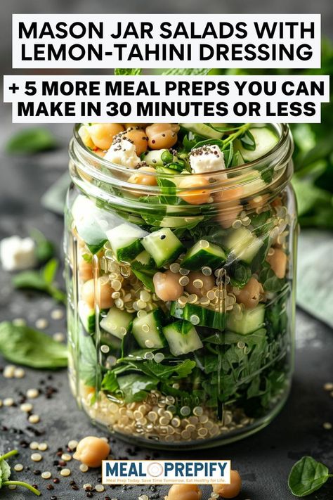 A mason jar salad layered with cucumbers, chickpeas, and quinoa, a fresh and quick meal prep option perfect for busy days. Mason Jar Work Lunches, Salads Jars Ideas, Snacks For The Week Food Prep, Food Prep Salads Lunches, Easy Light Lunches For Work, Jar Lunches For Work, Vegan Jar Meals, Salad In A Mason Jar Recipe, Salad Prep Ideas