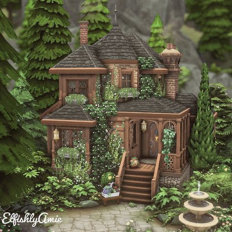 Cottage Ideas Exterior, Witch Bloxburg House, Sims 4 Witches Cottage, Cottage House Designs Exterior, Witch Cottage Bloxburg, Witch House Sims 4 Plan, Cute Sims Cottage, Sims 4 Houses Witchy, Witchy Sims House