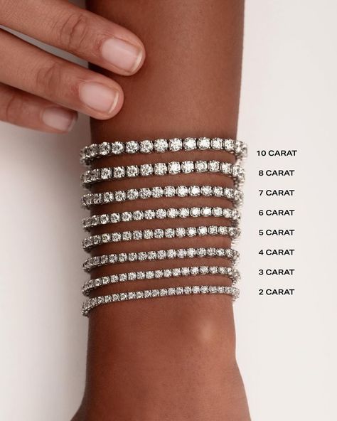 Tennis Bracelet Aesthetic, Tennis Bracelet Stack, Bracelet Types, Carat Sizes, Tennis Jewelry, Diamond Ear Cuff, Necklace Length Guide, Bracelet Size Chart, Diamond Huggies