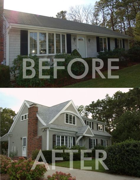 ranch house 2nd floor additions - Google Search Second Floor Addition Before And After, 2nd Story Addition, 2 Story Addition, Second Floor Addition, Second Story Addition, Ranch House Remodel, Ranch Remodel, Exterior Renovation, Exterior Makeover