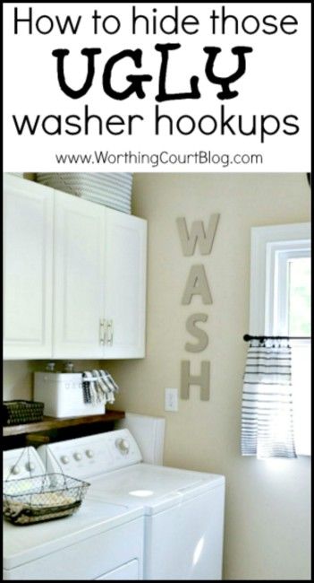 An Easy DIY To Hide Your Ugly Washer Hookups - Worthing Court Hide Laundry Hookups Washer And Dryer, Hide Washer Hookup, Hiding Washer Dryer Hookups, How To Hide Washer And Dryer Hookups, Laundry Room Hose Cover, How To Hide Laundry Room Hookups, How To Hide Washer Dryer Hookups, Hide Washer And Dryer Hookups, How To Hide Laundry Hookups