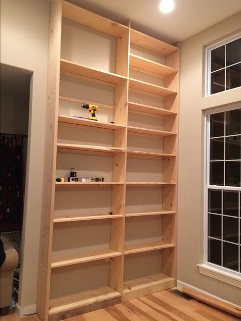 Built-In Bookshelves DIY Homemade Bookshelves, Diy Bookshelf Wall, Diy Built In Shelves, Pallet Deck Diy, Floor To Ceiling Bookshelves, Bookcase Diy, Diy Dresser Makeover, Wall Bookshelves, Floating Shelves Diy