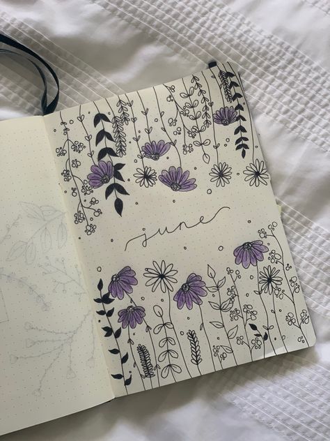 Inspired by an anonymous pin | #bulletjournal #junebulletjournal #june #bujo #bulletjournalcover #floralbulletjournal #flowers #art #creative #hobby Floral Title Page, Journal Page Cover Ideas, Art And Craft Cover Page Ideas, Journal Cover Doodles, Flowers Drawings Aesthetic, Floral Journal Ideas, Flower Journal Aesthetic, Floral Journal Cover, Diary Decoration Ideas Cover Aesthetic