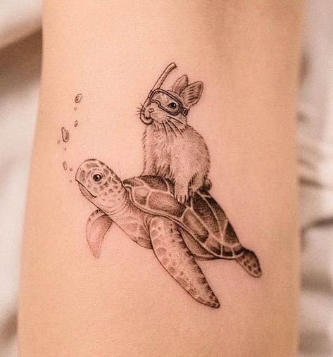 Cat And Turtle Tattoo, Turtle Rabbit Tattoo, Turtle And Hare Tattoo, Turtle Shadow Tattoo, Tasmania Tattoo Ideas, Turtle And Fish Tattoo, Cool Rabbit Tattoo, Turtle And Rabbit Tattoo, Water Animal Tattoo Ideas