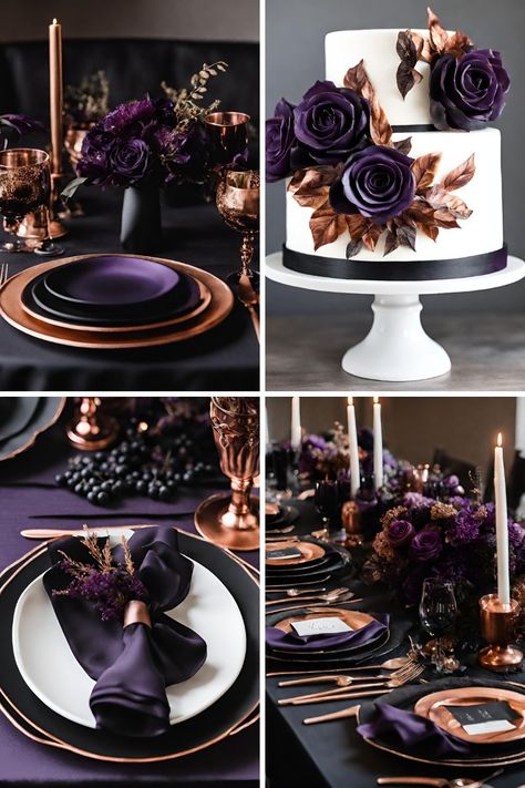 Black and Purple Wedding Color Ideas: Beautiful Black, Purple, and Copper Wedding Ideas - Francisca's Bridal Black And Plum Wedding, Black And Purple Wedding Theme, Wedding Theme Ideas Unique, Black And Purple Wedding, Purple Black Wedding, Royal Purple Wedding, Wedding Color Ideas Spring, Wedding Color Ideas Summer, Make A Color Palette