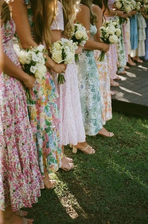 Bridal Party Floral Dresses, Multicolor Floral Bridesmaid Dresses, Boho Floral Bridesmaid Dresses, Bridesmaids In Floral Dresses, Colorful Floral Bridesmaid Dresses, Colorful Flowers Bridesmaid, Mismatched Floral Bridesmaids, Small Bridal Party Mismatched Dresses, Different Floral Bridesmaid Dresses