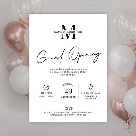 Office Opening Party, Business Grand Opening, Shop Opening Invitation Card, Black White Invitation, Business Launch Party, Event Invitation Design, Grand Opening Invitations, Salon Party, Event Venue Spaces