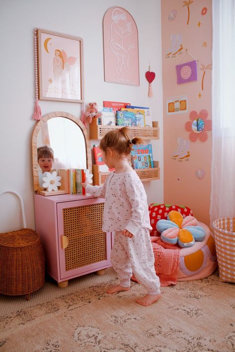 Cozy Toddler Girl Room, Toddler Reading Nook Girl, Girls Reading Nook Ideas, Flower Toddler Room, Toddler Girl Room Colorful, Groovy Toddler Room, Reading Nook Toddler Room, Daughters Room Ideas, Toddler Girl Reading Corner