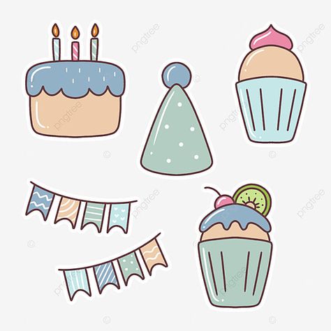 Birthday Png Aesthetic, Birthday Stickers Aesthetic, Birthday Stickers Printable, Journal Things, Kawaii Birthday, Birthday Doodle, Birthday Props, Sticker Illustration, Birthday Icon