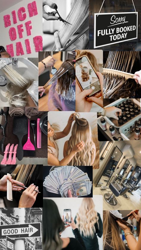 Salon Vision Board Ideas, Meet The Stylist, Cosmetology Collage, Cosmetology Asthetic Picture, Cosmetology School Hairstyles, Hair Salon Mood Board, Cosmetology Portfolio Ideas, Hairstylist Mood Board, Cosmetology Vision Board Ideas