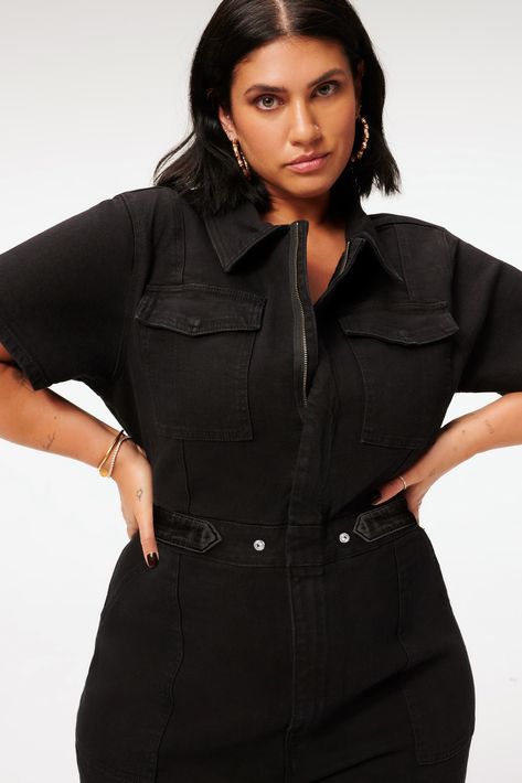 Our best selling Fit For Success Jumpsuit is as powerful as it looks. A black denim jumpsuit featuring hidden front zipper closure and breast pockets. Hidden front zipper closure Breast and pant pockets Short sleeves Black wash Denim Utility Jumpsuit, Black Denim Jumpsuit, Womens Black Jumpsuit, Stretch Jumpsuit, Utility Jumpsuit, Jumpsuit Chic, Velvet Trousers, Designer Jumpsuits, Sweaters And Leggings