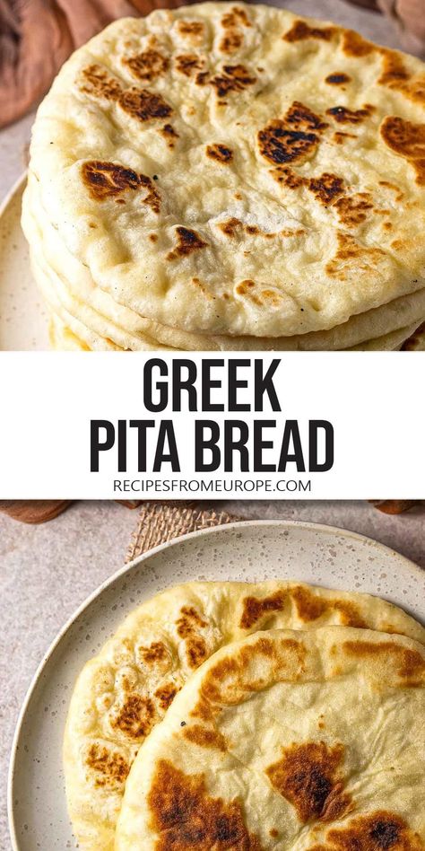 Want to make delicious Greek Pita Bread? This classic recipe for thick and soft pita is so easy to make with just a few common ingredients! Sweet Pita Bread, What To Do With Leftover Pita Bread, Air Fried Pita Bread, Pita Bread Recipe With Yogurt, Greek Pita Bread Ideas, Meditterean Bread Recipes, Greek Pitas Recipe, Pan Bread Recipe Simple, Authentic Greek Pita Bread Recipe