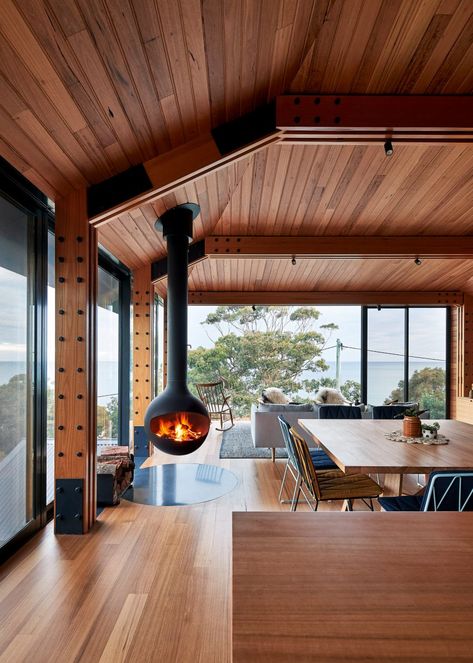 Beach House Designs, Focus Fireplaces, Design Camino, Suspended Fireplace, Hanging Fireplace, Floating Fireplace, Coastal Beach House, European Home, European House