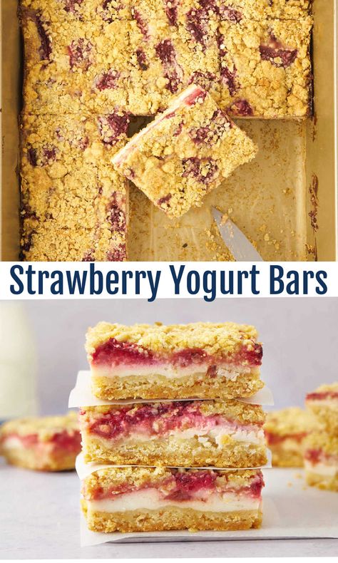 Strawberry yogurt crumb bars bring together fresh berries with a creamy yogurt layer all nestled between buttery crumbs. They are a magical way to celebrate spring sweetness. Baking With Vanilla Yogurt, Yoghurt Cereal Bars, Yogurt Oatmeal Bars, Things To Make With Strawberry Yogurt, Leftover Plain Yogurt Recipes, Strawberry And Yogurt Recipes, Dessert Recipes With Yogurt, What To Make With Yogurt, Yogurt Recipes Dessert