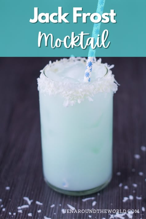 This non-alcoholic Jack Frost Mocktail is a replica of the boozy Jack Frost – but without the alcohol! This winter drink is super festive and frosty! The blue color looks just like a cold winter day and will be a hit at all your winter gatherings this year. Cotton Candy Non Alcoholic Drink, Winter Onederland Drink Ideas, Natural Blue Drink, Jack Frost Mocktail Recipe, Winter Wonderland Mock Tails, Melted Snowman Drink, Winter Drink Recipes Non Alcoholic, Cool Drink Ideas Non Alcoholic, Jack Frost Mock Tail