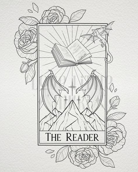 The Reader 📖🥀 this bookish tarot card is for the lovely Jessica who has an undying adoration for books & fantasy 🖤 the piece spans multiple series but you can tell what their favorites might be! #bookish #tarottattoo #acotar Tarot Book Tattoo, Line Work Book Tattoo, Bookish Tattoos Dragon, Fantasy Books Drawing, The Mother Tarot Card Tattoo, The Reader Tattoo Tarot, Acotar Tarot Card Tattoo, Oracle Tattoo Ideas, Acotar Tarot Cards