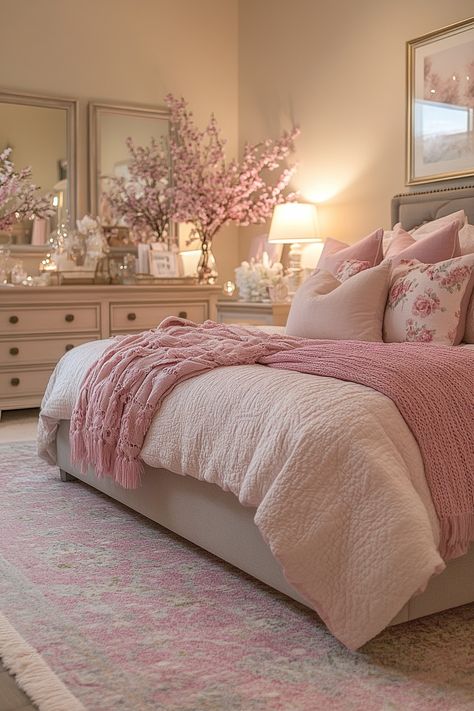 Discover a world of pink and grey bedroom decor ideas. Whether you prefer a light and airy feel or a cozy and inviting ambiance, this color scheme offers endless possibilities.  Find inspiration for pink and grey bedroom decor, from statement furniture to subtle accents, to create a space that reflects your unique style. Pink Blanket Bedroom, Bedroom Chaise Ideas, Pink Bed In Bedroom, Bedroom Ideas Airy, Dusty Pink Room Aesthetic, Womens Pink Bedroom Ideas, Pastel Pink Apartment Aesthetic, White Beige And Pink Bedroom, Pink And Mauve Bedroom