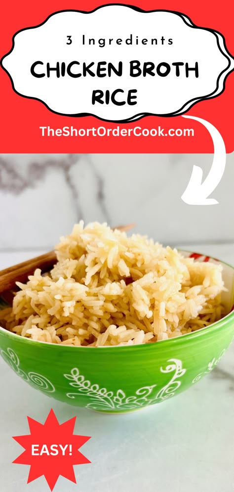 A bowl filled with white rice made with chicken broth. Rice Chicken Broth Recipes, Rice In Chicken Broth Cooking, Chicken Flavored White Rice, How To Season White Rice Recipes, Rice With Chicken Broth Recipes, Rice And Chicken Broth Recipes, Instant Pot Rice With Chicken Broth, Rice Recipes With Beef Broth, Cooking Rice With Chicken Broth