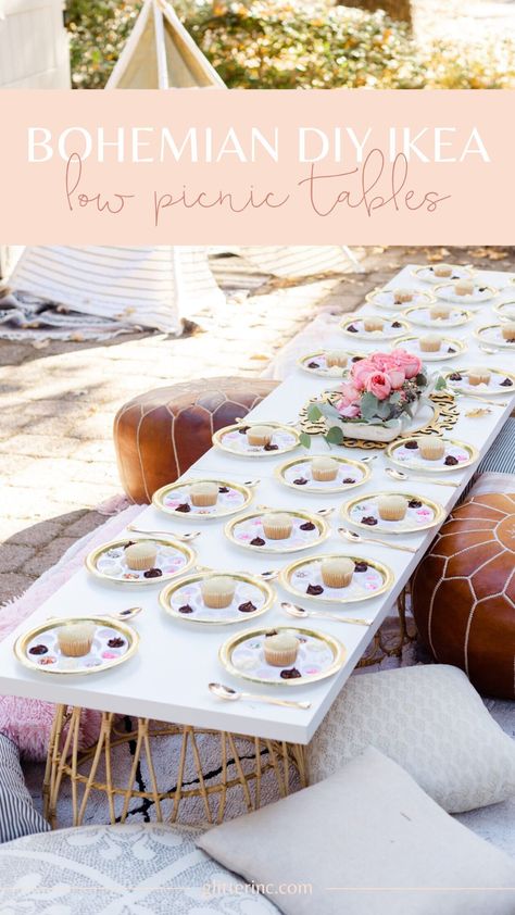 Costume Party Birthday - DIY Bohemian IKEA Low Picnic Tables - GLITTERINC.COM Diy Low Picnic Table Ikea, Diy Ikea Picnic Table, Diy Beach Picnic Table, Diy Outdoor Picnic Party, Diy Picnic Table Low, Toddler Party Table, Ikea Picnic Table Hack, Diy Picnic Table Easy, Diy Low Table For Kids Party