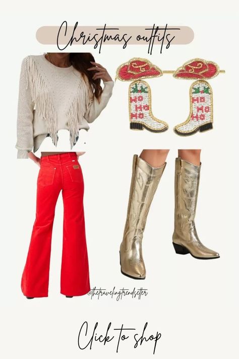 Christmas Outfit Ideas for Women Western Theme Christmas Party Outfit, Punchy Christmas Outfit, Christmas Jumpsuit Outfit, Christmas Hoedown Outfit, Texas Christmas Outfit, Christmas Western Outfits Women, Cowboy Boots Christmas Outfit, Ho Ho Hoedown Christmas Party, Cowboy Christmas Party Outfit