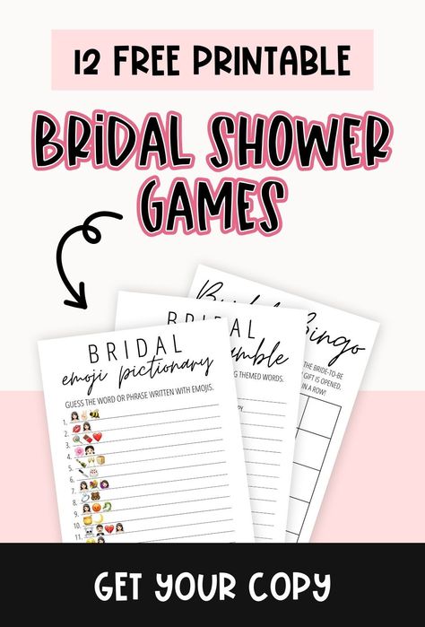 Discover the magic of our bridal shower games, free printables, and templates! Sprinkle in icebreakers and bridal party games to avoid awkwardness and ensure guests bond like life-long friends. Discover these 12 bridal shower game ideas now! Tap here to grab your free downloads and prepare for a bridal shower party that is truly fun and unforgettable. | Wedding Parties Bridal Shower Decorations Printable Free, Free Wedding Games Printables, Bridal Luncheon Games, Virtual Wedding Shower Games, Free Printable Wedding Shower Games, Bridal Party Game Ideas, Games For Bridal Showers Free Printable, Fun Bridal Shower Games Free Printable, Bridal Shower Games And Ideas