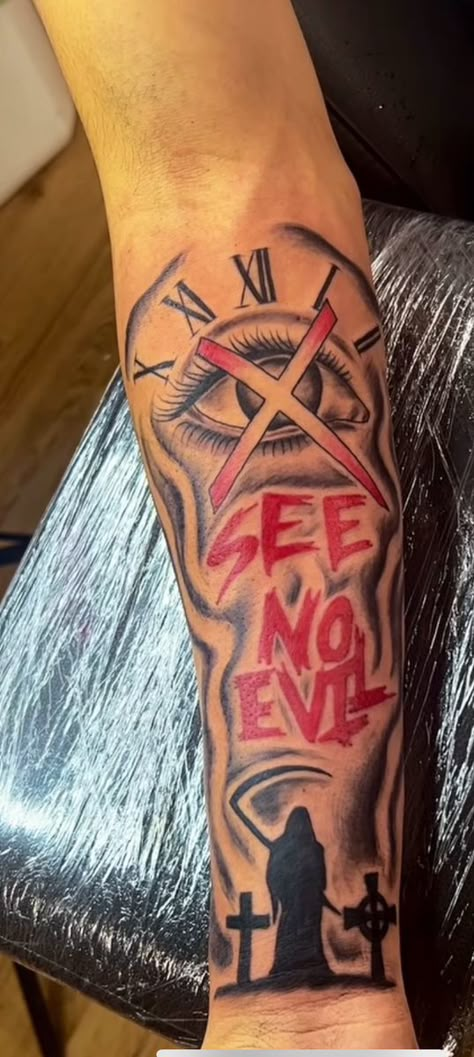 Straight Tattoo Ideas, For All Mines Ill Lay Yours Tatto, Risk Taker Tattoo Men Forearm, Red Ink Tattoos Men Sleeve, Prepare For The Worst Pray For The Best Tattoo, I Will Fear No Evil Tattoo, Real Eyes Realize Real Lies Tattoo, Hard Tattoo Designs, Red Tattoos Men