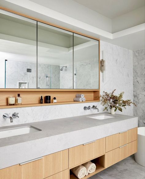 Custom Medicine Cabinet, Double Vanity Mirror Ideas, Minimalist Space, Lighted Medicine Cabinet, Marble Slabs, Bath Mirror, Cove Lighting, Primary Bathroom, Minimalist Lighting