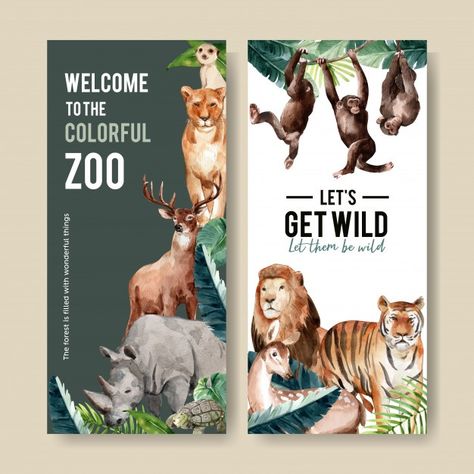 Zoo Flyer, Zoo Poster Design, Tiger Watercolor, Ebook Template Design, Autumn Animals, Autumn Illustration, Cartoon Panda, Magazines For Kids, Lion Tiger