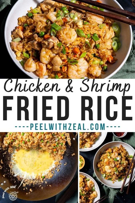 Skip the takeout and prepare this delectable shrimp and chicken fried rice at home! Succulent chicken and shrimp, combined with vegetables, scrambled eggs, and fried rice, create a savory and effortless weeknight dinner that the entire family will adore. This easy Chinese food recipe is a guaranteed crowd-pleaser. Chicken And Shrimp Rice Recipes, Shrimp Chicken Fried Rice, Fried Rice With Fish Sauce, Hibachi Chicken And Shrimp Fried Rice, Recipes With Shrimp And Rice, Chicken And Shrimp Fried Rice, Fried Rice Shrimp, Chinese Shrimp Fried Rice, Combination Fried Rice