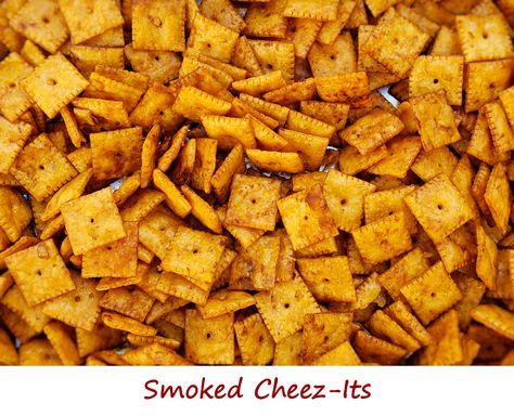 Wood Chip Smoker Recipes, Cheese Dip In Smoker, Smoked Cheez Its Recipe, Smoked Trash Can Crackers, Smoked Fatties Recipes, Smoked Cheez Its, Cheez It Recipe, Game Time Snacks, Cheez It